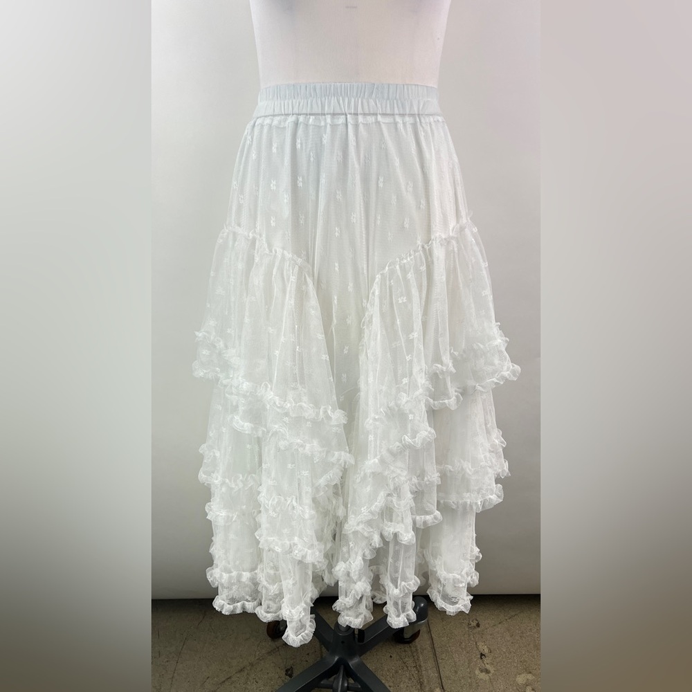 White Ruffle Tiered Midi Skirt